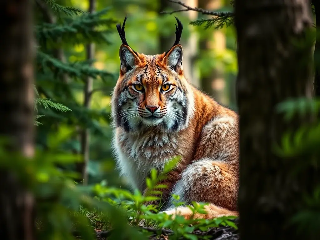 A photograph capturing a majestic Canadian lynx in its natural boreal forest habitat, showcasing its thick fur and piercing eyes, symbolizing the resilience of Canadian wildlife.