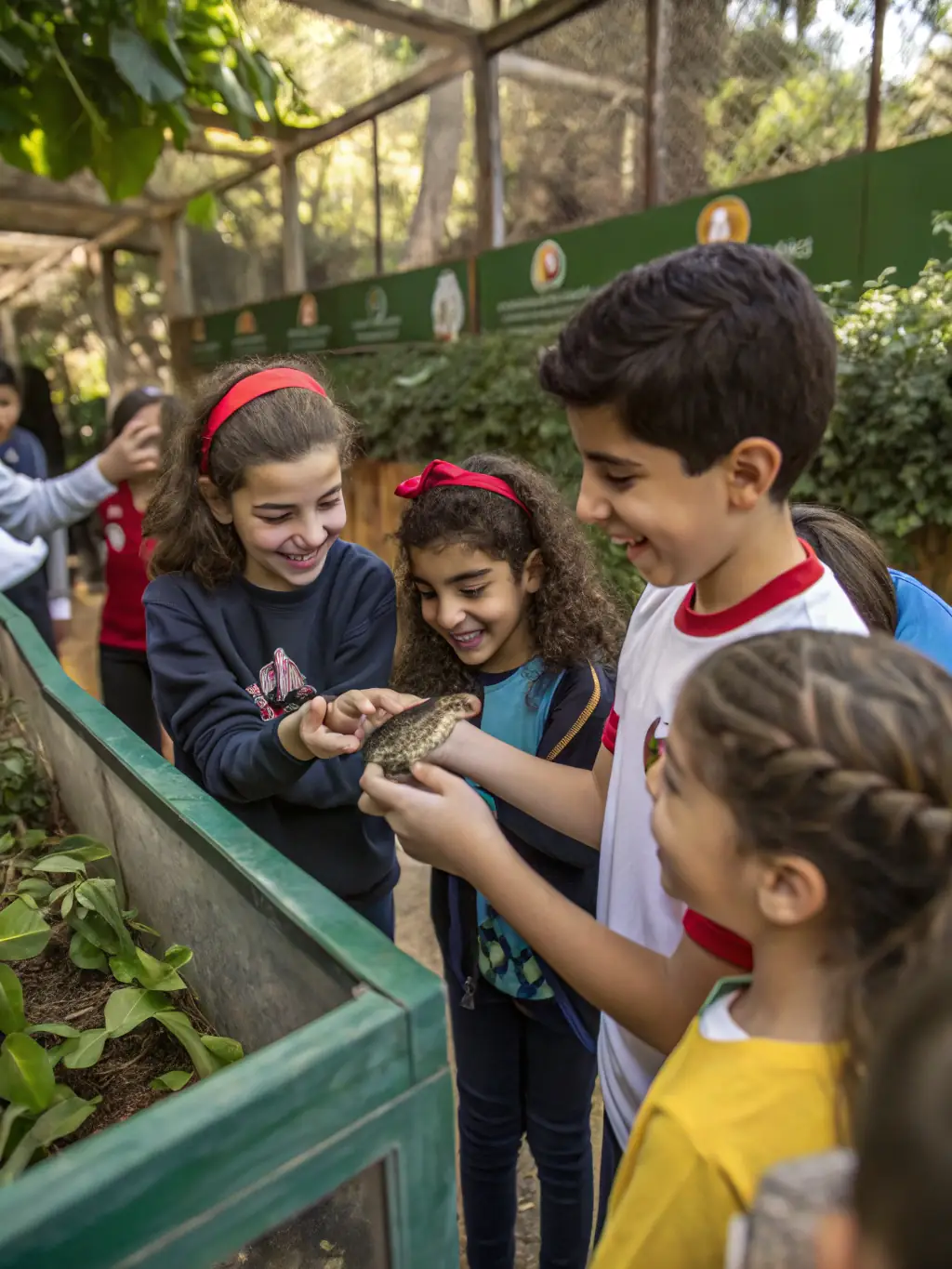 A photo of children participating in a wildlife education program in an urban park, learning about local species.
