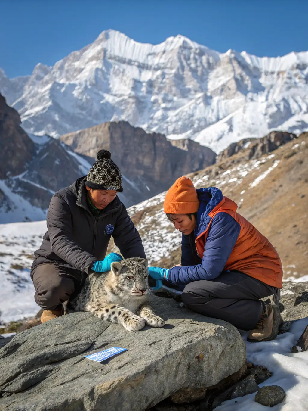A close-up shot of a researcher tagging a polar bear in the Arctic, highlighting a species monitoring program.