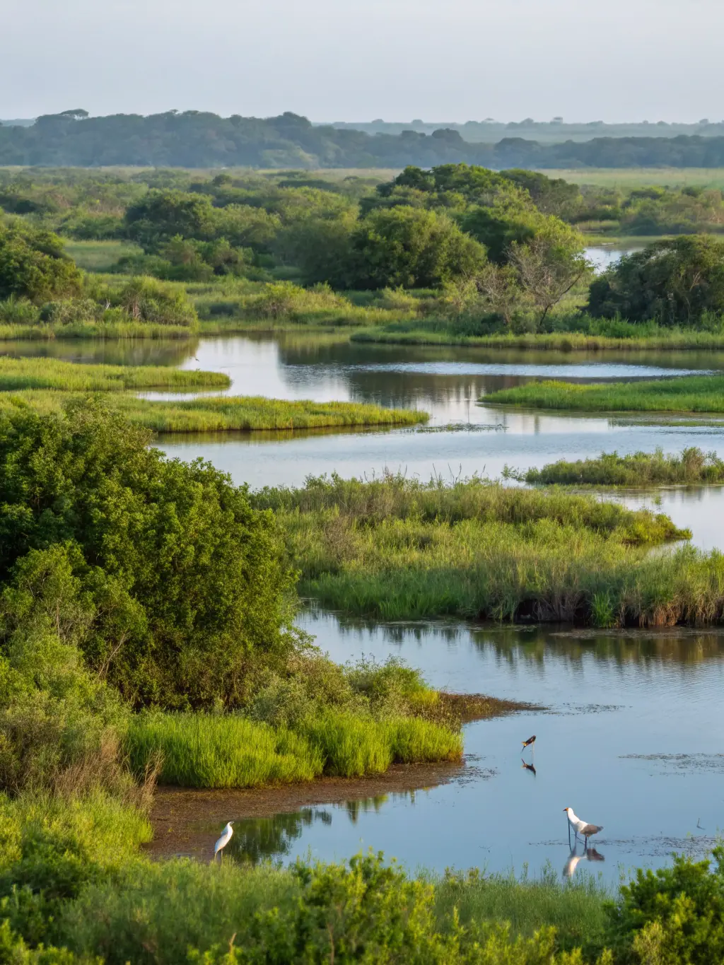 An image of a restored wetland habitat in Ontario, teeming with diverse bird species and aquatic life.