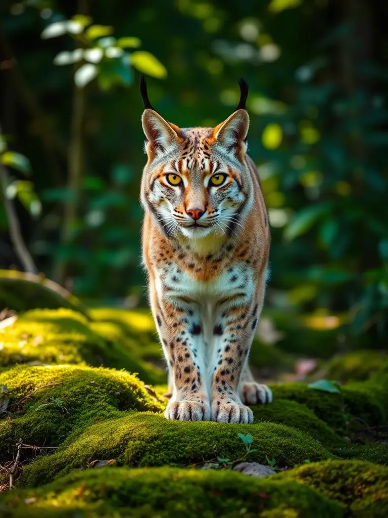 A close-up portrait of a Canadian Lynx in its winter coat, showcasing its tufted ears and piercing eyes, set against a snowy forest background.