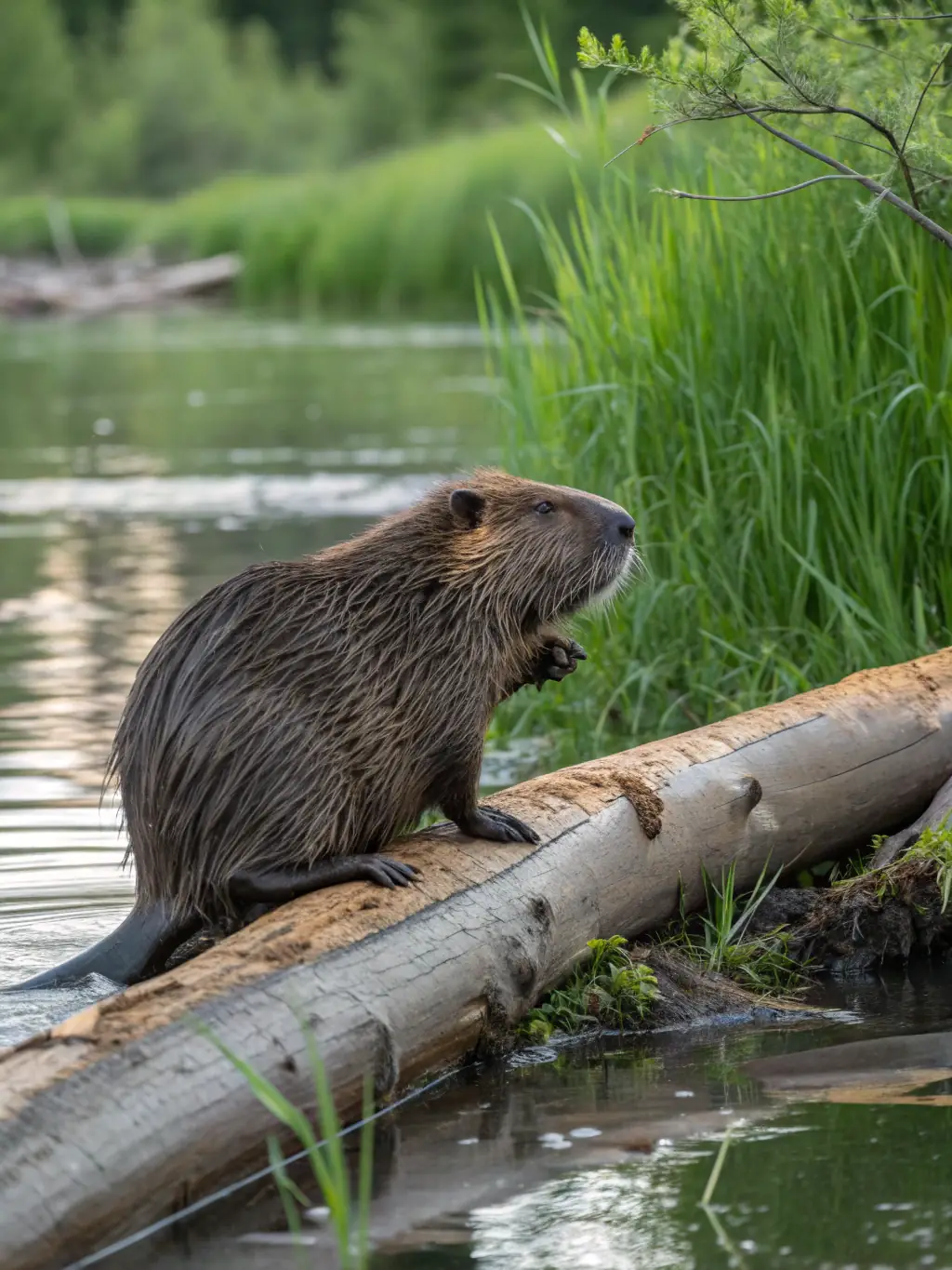 A family of beavers constructing a dam in a river, showcasing their engineering skills and the impact they have on their environment.