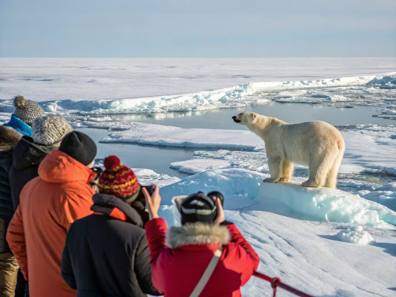 A photograph of a polar bear mother and her cubs on the Arctic ice, emphasizing the threats they face due to climate change and habitat loss in northern Canada.