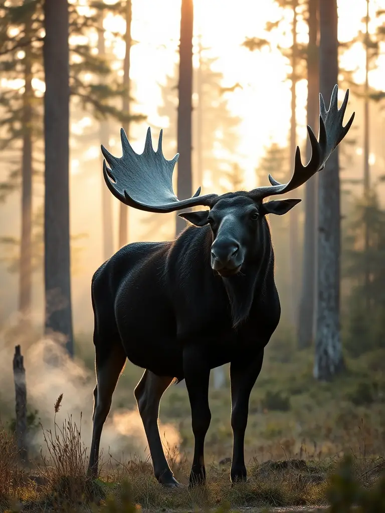A majestic bull moose standing in a shallow lake, reflecting its large antlers in the calm water, surrounded by a lush green forest.